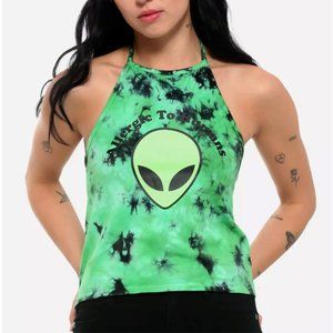 Hot Topic Alien Tie-Dye Halter Top Womens M Green Allergic To Humans Rave Kawaii